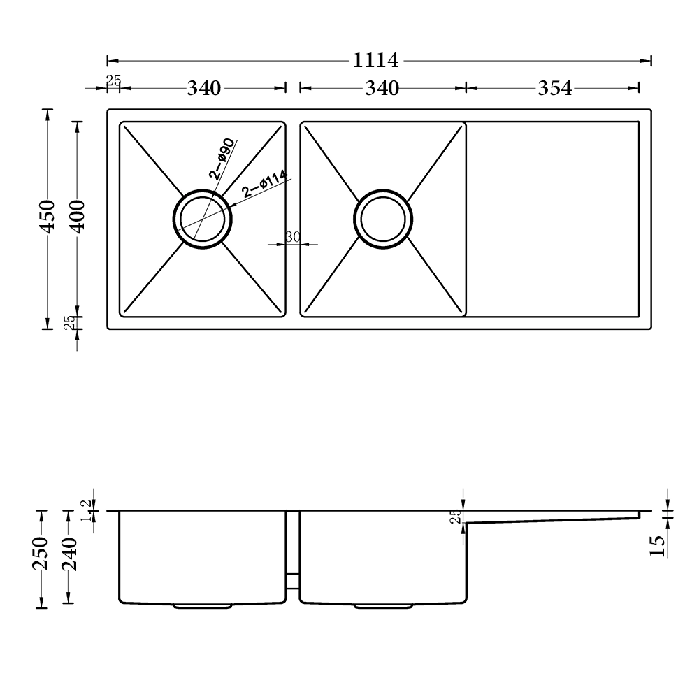 Atlas 1114* 440mm Double Bowl Handmade Kitchen Sink Black - Image 3