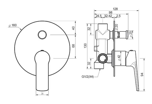 TTP222 - Shower Mixer With Diverter and flat plate BTC8560-flat-plate_drawing_web