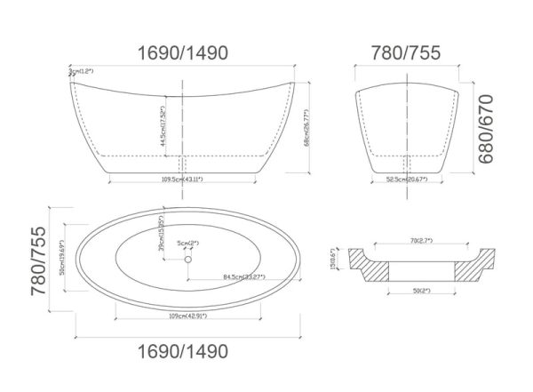 BRAVO 1500/ 1700 Free Standing Bathtub Gloss White TB117