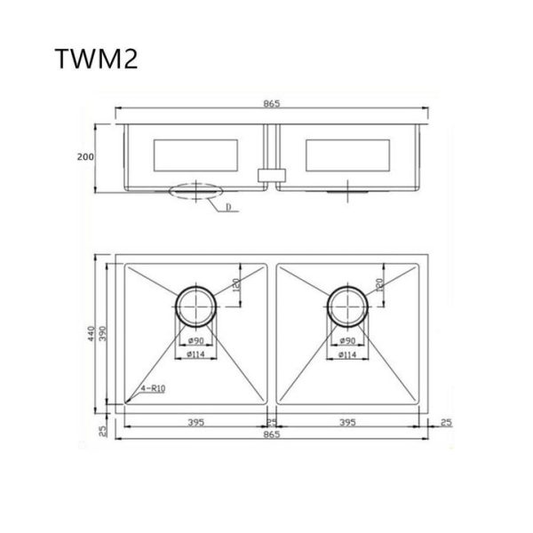 865*440mm Stainless Steel Hand-made Double Bowl Kitchen Sink