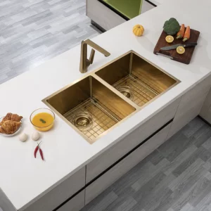 770*450mm Brushed Yellow Gold Hand-made Double Bowl Kitchen Sink