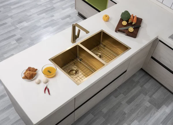 770*450mm Brushed Yellow Gold Hand-made Double Bowl Kitchen Sink