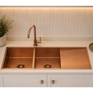 1160x460mm Rose Gold Handmade Double Bowl Drainer Board Kitchen Sink