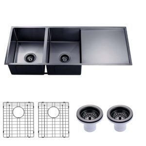 1160x460mm Gun Metal Grey Handmade Double Bowl Drainer Board Kitchen Sink