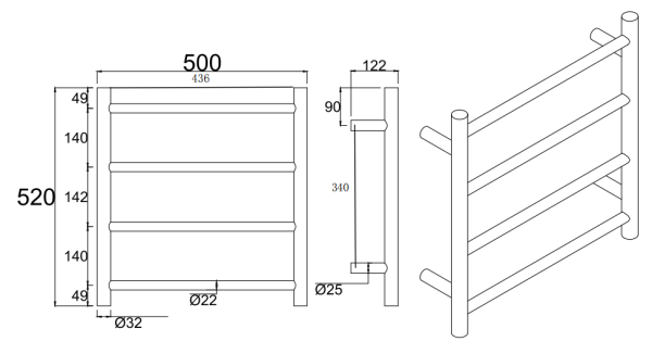 Round Matte Black Electric Heated Towel Rack 4 Bars