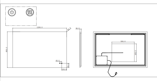 1200*800mm 3 Color Lighting Backlit Acrylic LED Mirror Sharp Edge Touch Sensor Switch Defogger Pad