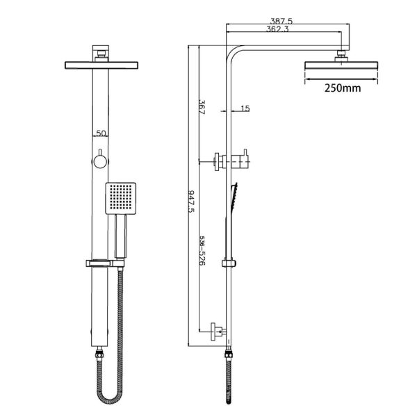 250mm Square Chrome Wide Rail Shower Station with 3 Functions Handheld