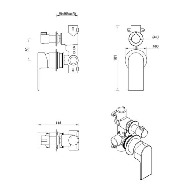 Beki Eleniko 2 piece Shower Mixer Diverter in Black - Image 3