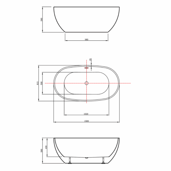 Aqua 1500mm Overflow Freestanding Gloss White Bathtub - Image 4