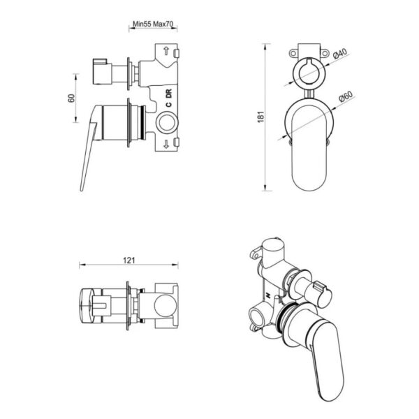 Lantra 2 piece Shower Mixer Diverter in Black - Image 3