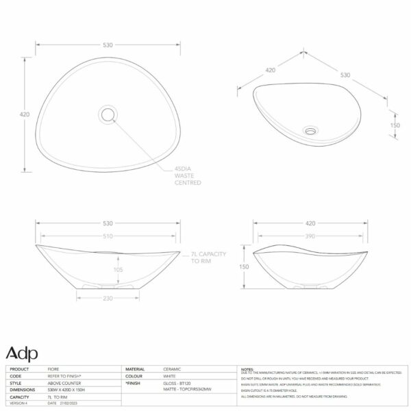 Fiore 530mm wide Matte/ Gloss White Counter Top Basin - Image 4