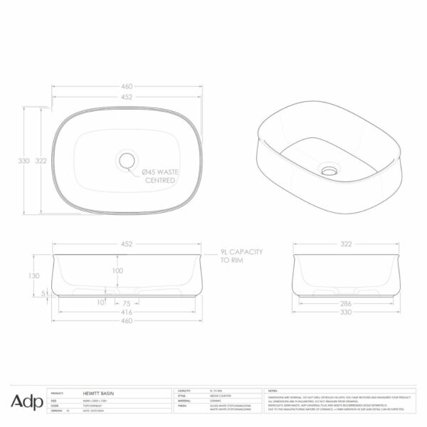 Hewitt 460 x 330mm Matte/ Gloss white Countertop Basin - Image 4