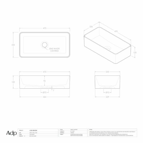 Lisa 470 x 235mm Rectangle Gloss/ Matte White Basin - Image 3