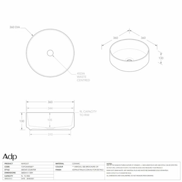 Margot Matte Ivory 360 x 130mm high Round Basin - Image 2