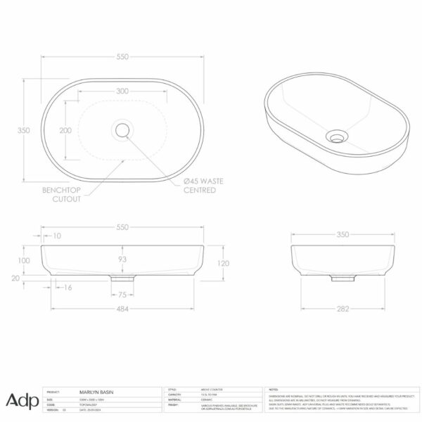Marilyn 550mm wide Matte white Counter Top Basin - Image 4