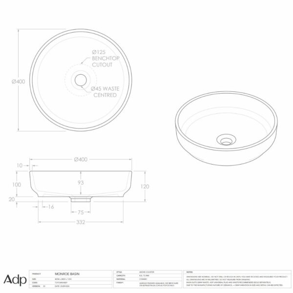 Monroe 400mm wide Matte Ivory Counter Top Basin - Image 3