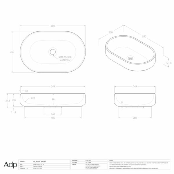 Norma Butter 550 x 350mm Concrete Counter Top Basin - Image 2