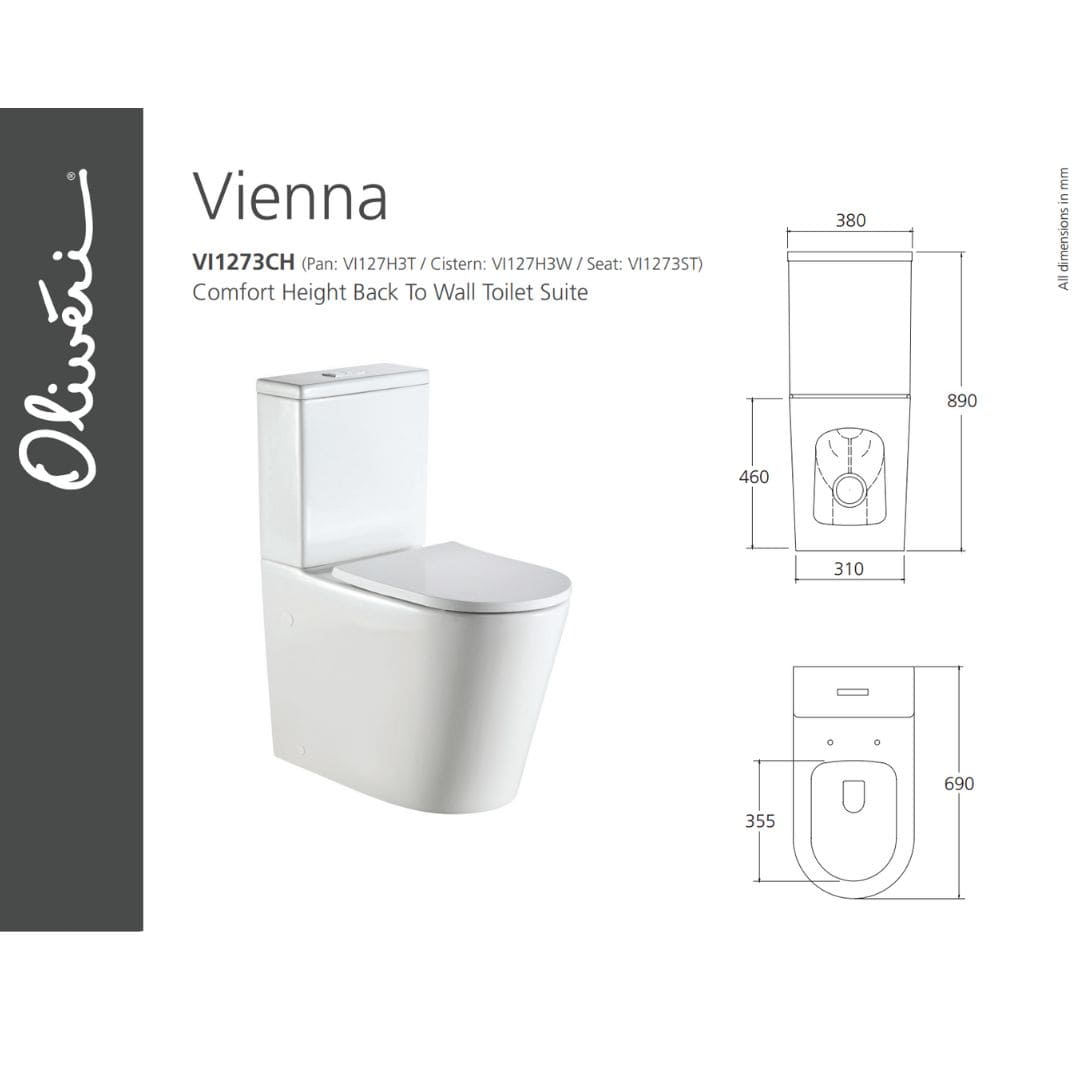 Vienna Comfort Height (460mm pan) Back To Wall Rimless Toilet Suite - Image 2