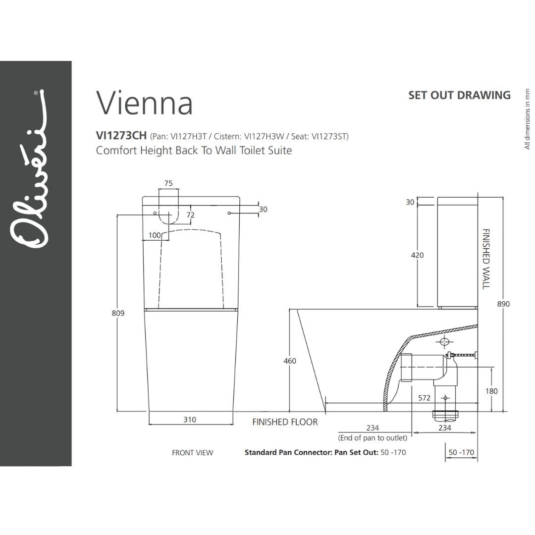 Vienna Comfort Height (460mm pan) Back To Wall Rimless Toilet Suite - Image 3