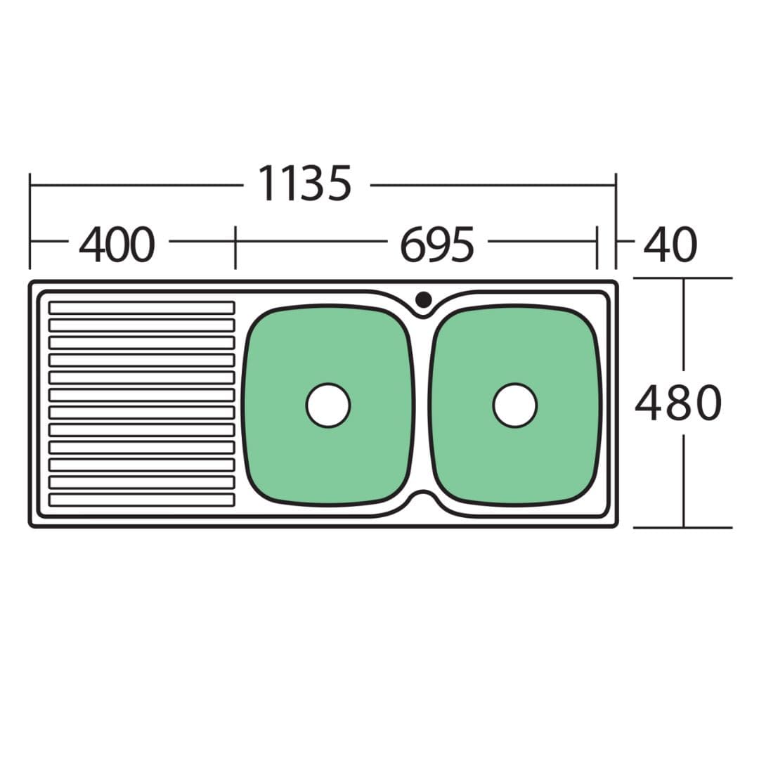 Endeavour Double Bowl stainless steel 1135 x 480mm Sink With Drainer - Image 3