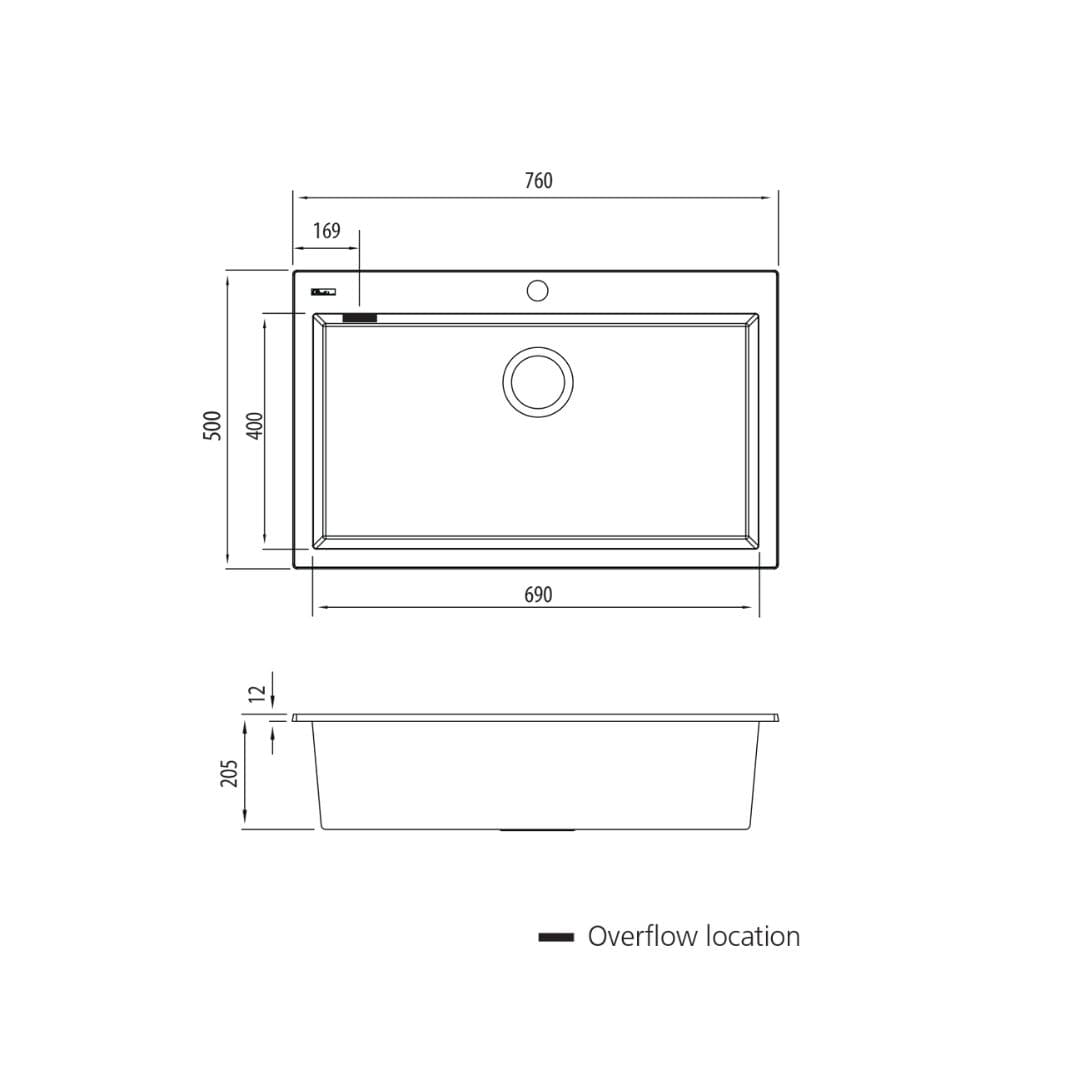 Santorini 760 x 500mm Black Mega Bowl Topmount Sink - Image 2