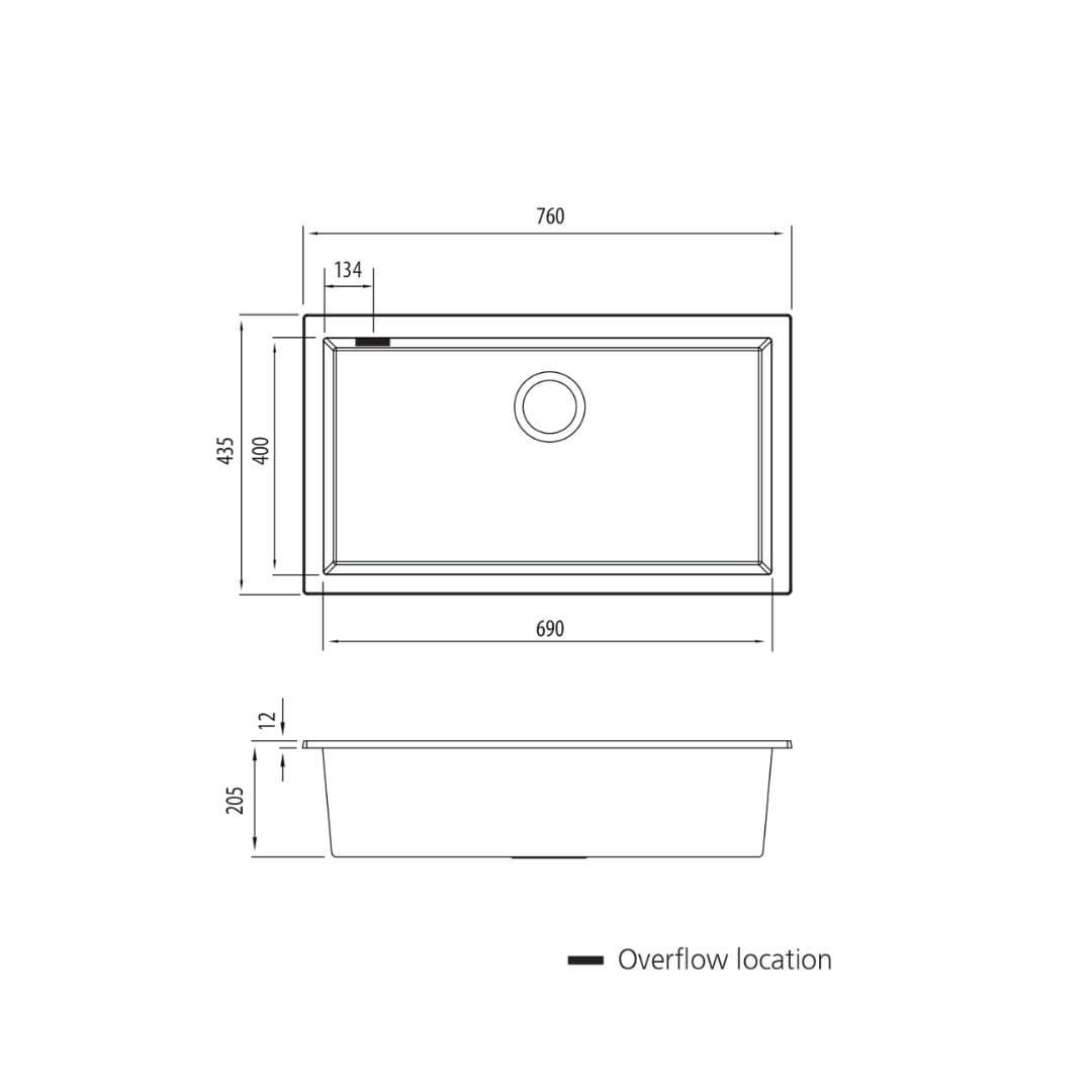 Santorini 760 x 435mm Black Mega Bowl Undermount Sink - Image 2