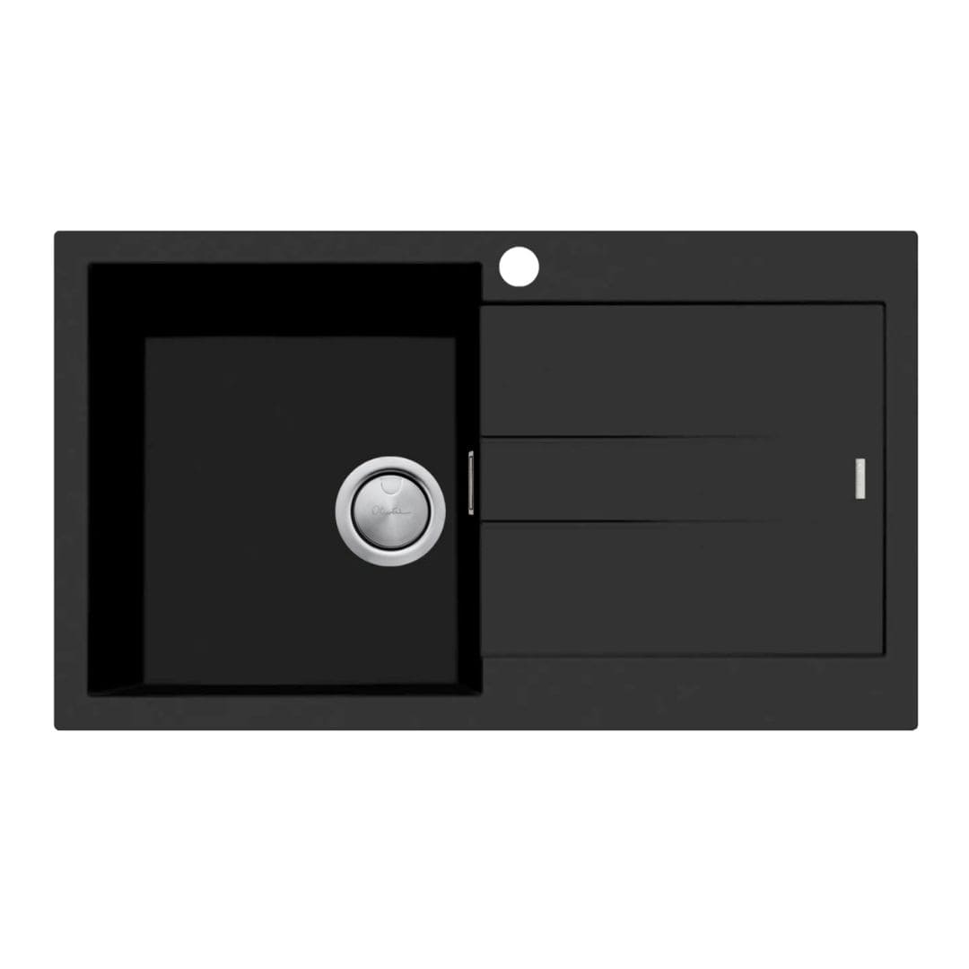 Santorini 860x 500mm Single Bowl Topmount overflow Drainboard Sink in Matte Black - Image 2