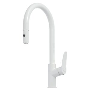 Oliveri Verona Pull Out Goose Neck Spray Sink Mixer in White - lead free - Topware