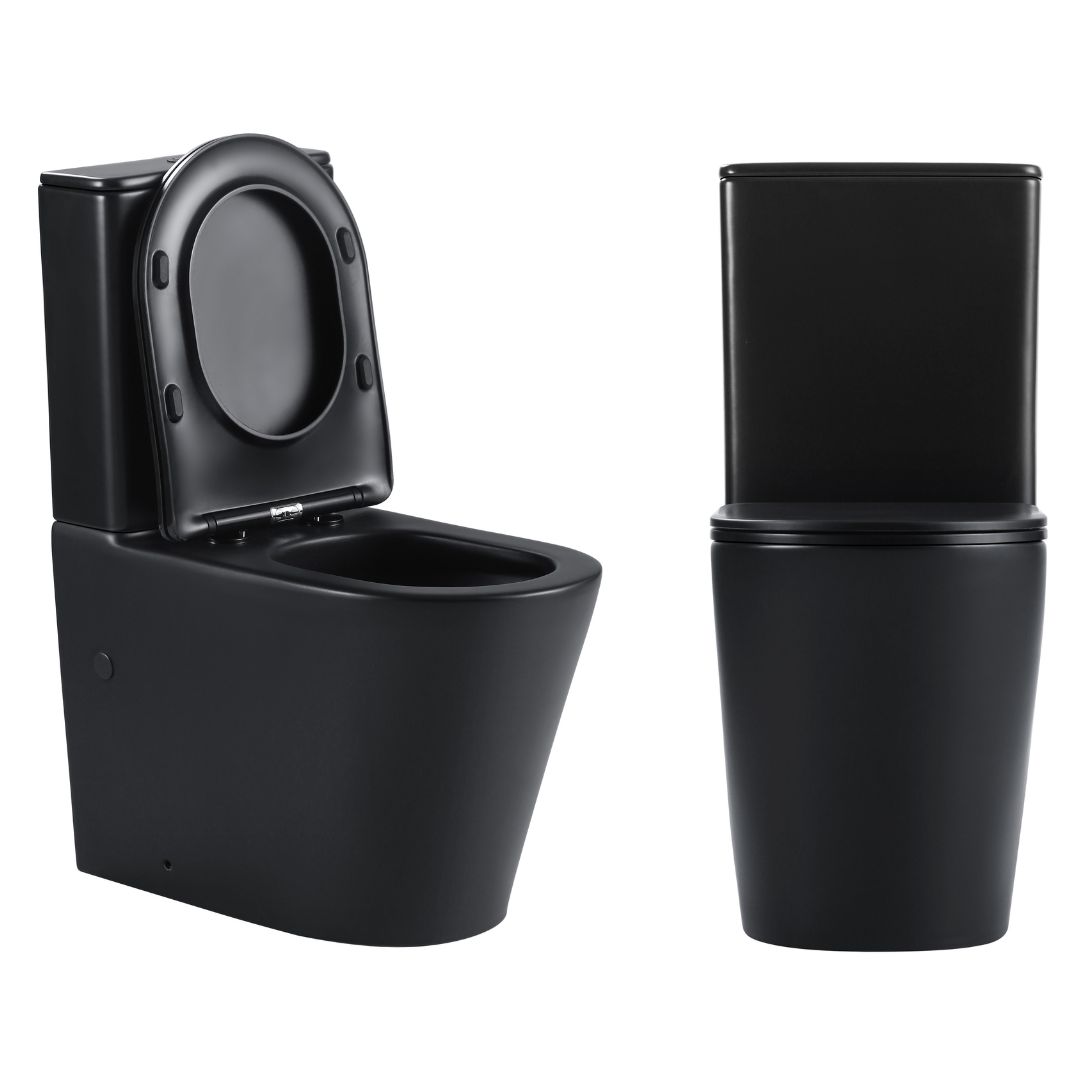 front and side view of unique black-tornado-rimless-toilet - topware store
