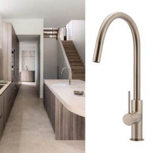 lifestyle and product front view of rose gold meir kitchen tap - topware