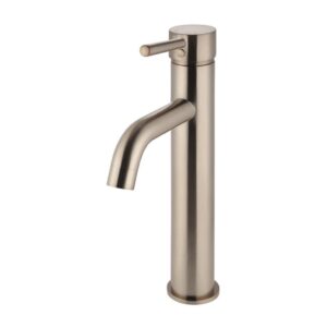 front view of Meir Round Tall Basin Mixer Curved Spout Champagne Rose Gold