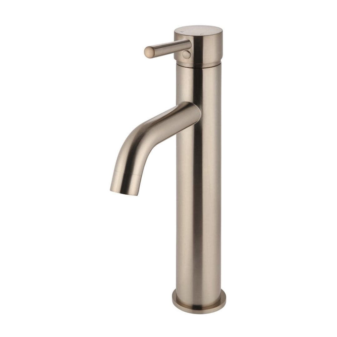 front view of Meir Round Tall Basin Mixer Curved Spout Champagne Rose Gold