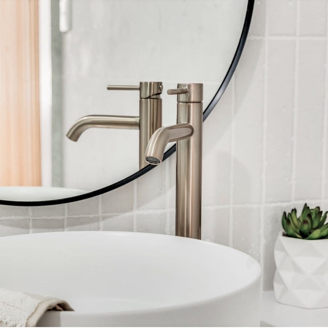 Meir Round Tall Basin Mixer Curved Spout Champagne Rose Gold - Image 3