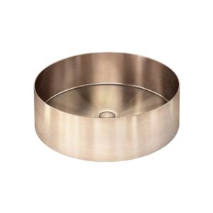front view of Meir Lavello 380 x 110 Round Steel Bathroom Basin Champagne Rose Gold