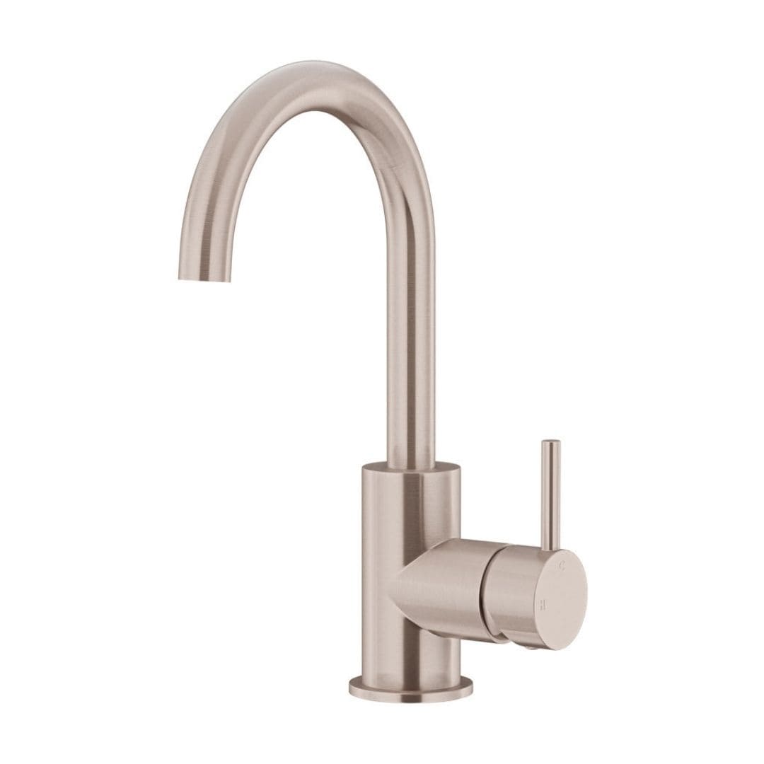 Meir Round Gooseneck Basin Mixer with Cold Start Champagne Rose Gold