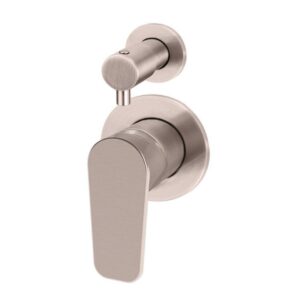front view of Meir Round Diverter Mixer Paddle Handle Champagne Rose Gold