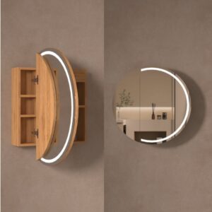 side view of touchless LED Round 800mm 3-color light Walnut Shaving Cabinet