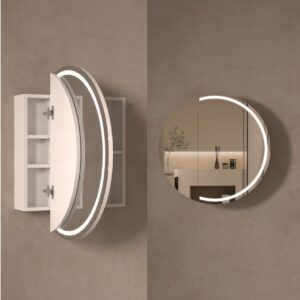 side view of touchless LED Round 800mm 3-color light Matte White Shaving Cabinet