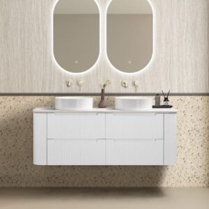 front view of 1500 double white curved fluted vanity at Topware