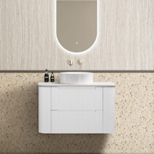 front view of 900mm fluted curve white vanity at Topware