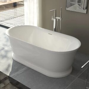 side view of freestanding heritage style gloss white overflow bathtub