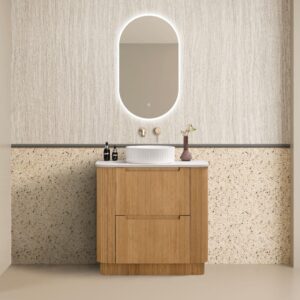 front view of 900mm fluted wood color vanity at Topware