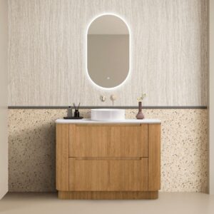 front view of 1200mm fluted wood color vanity at Topware
