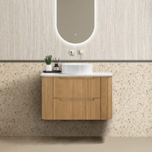 front view of 900mm fluted wood color plywood vanity at Topware