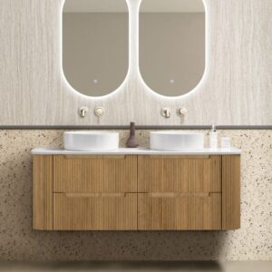 front view of wood color plywood vanity at Topware