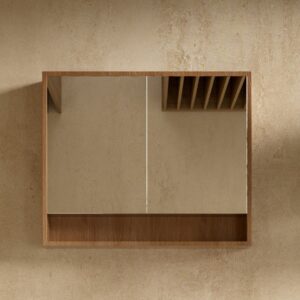 Front view of 900 2-door wood color mirror cabinet - topware