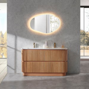 Lifestyle front view of fluted rosewood freestanding vanity