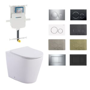 View of boston white toilet pan alongside multiple color options for the flush button