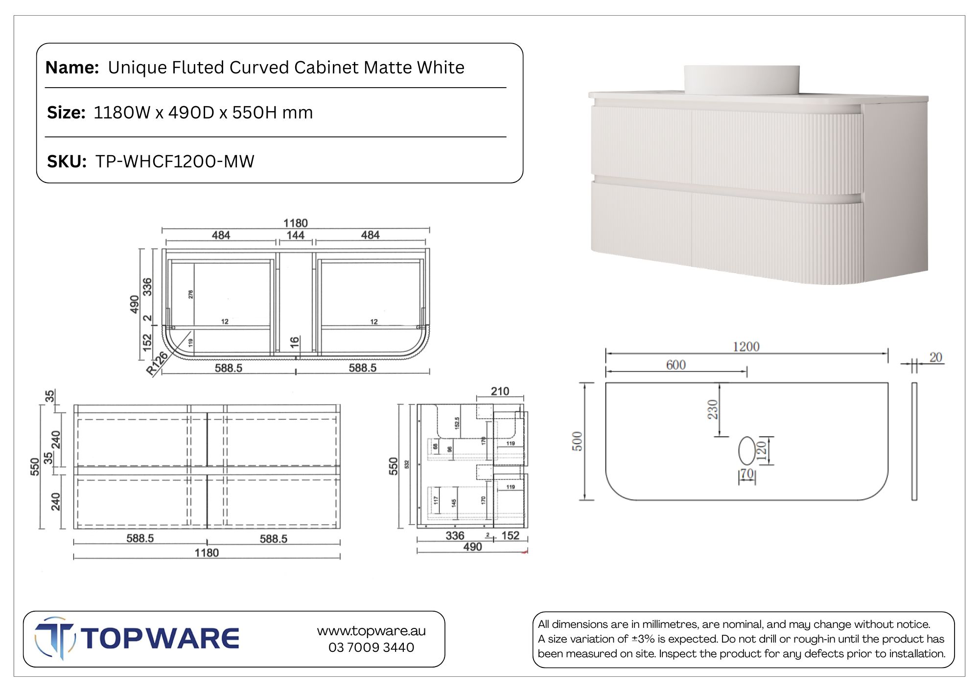 Unique 1200mm fluted Curved Wall Hung Vanity in Matte White - Image 3