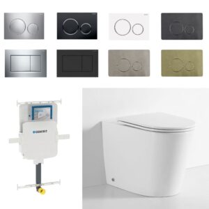 rimless white toilet pan, with multiple flush button color options